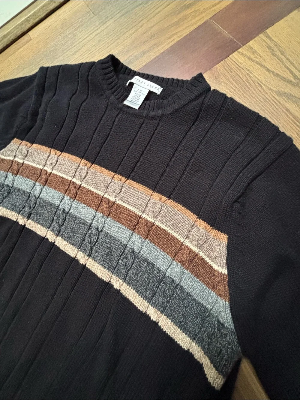 Geoffrey Beene Vintage Cotton Crewneck Sweater Men’s Large Black Striped Knit